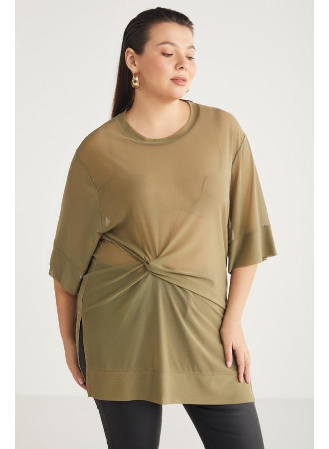 Ethiquet Yukınbb Women's Drape-Detail Mesh Fabric Round Neck Khaki Plus-Size Tunic. - Image 2