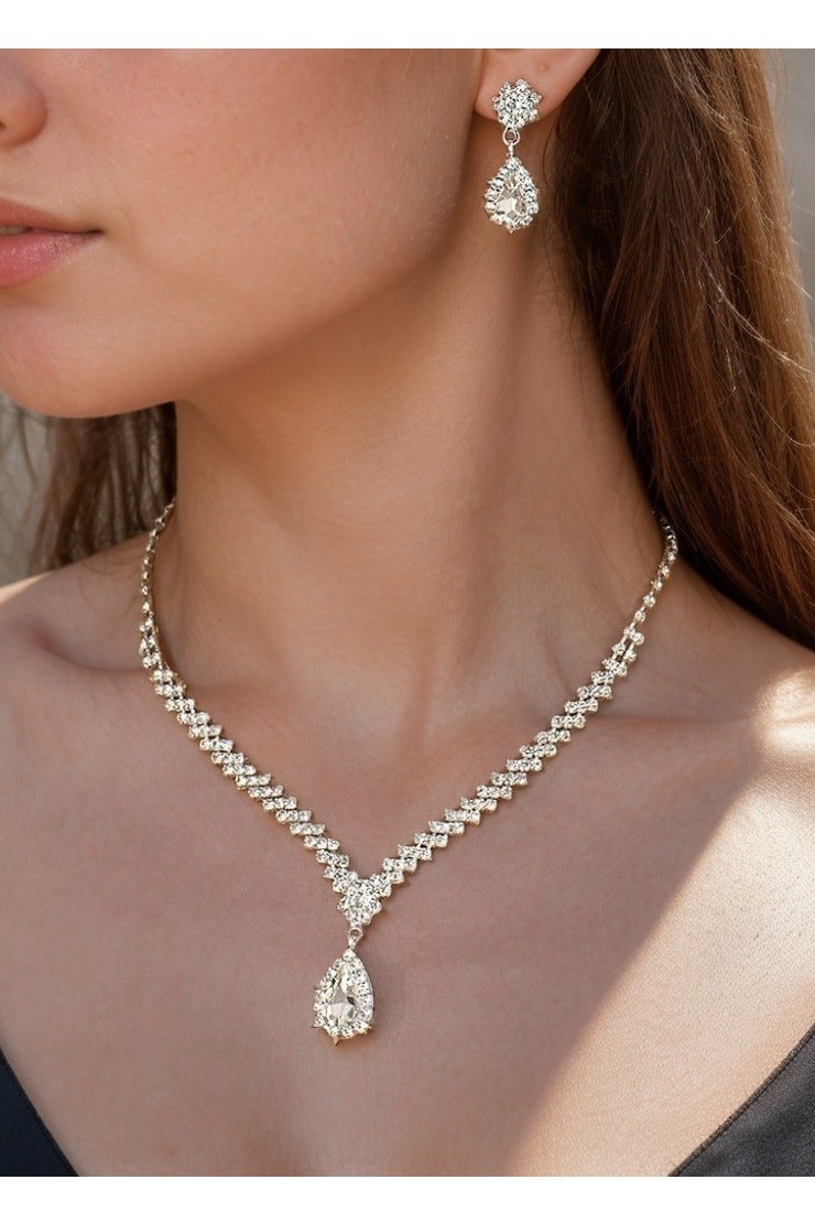 3 Pcs Rhinestone Necklace Earrings Jewelry Set, Water Drop Ear Dangle, Bridal Jewelry, Evening Dress Accessories For Women, Dinner Party Accessories,Women's Collarbone Chain,Bridal Accessories - Image 2