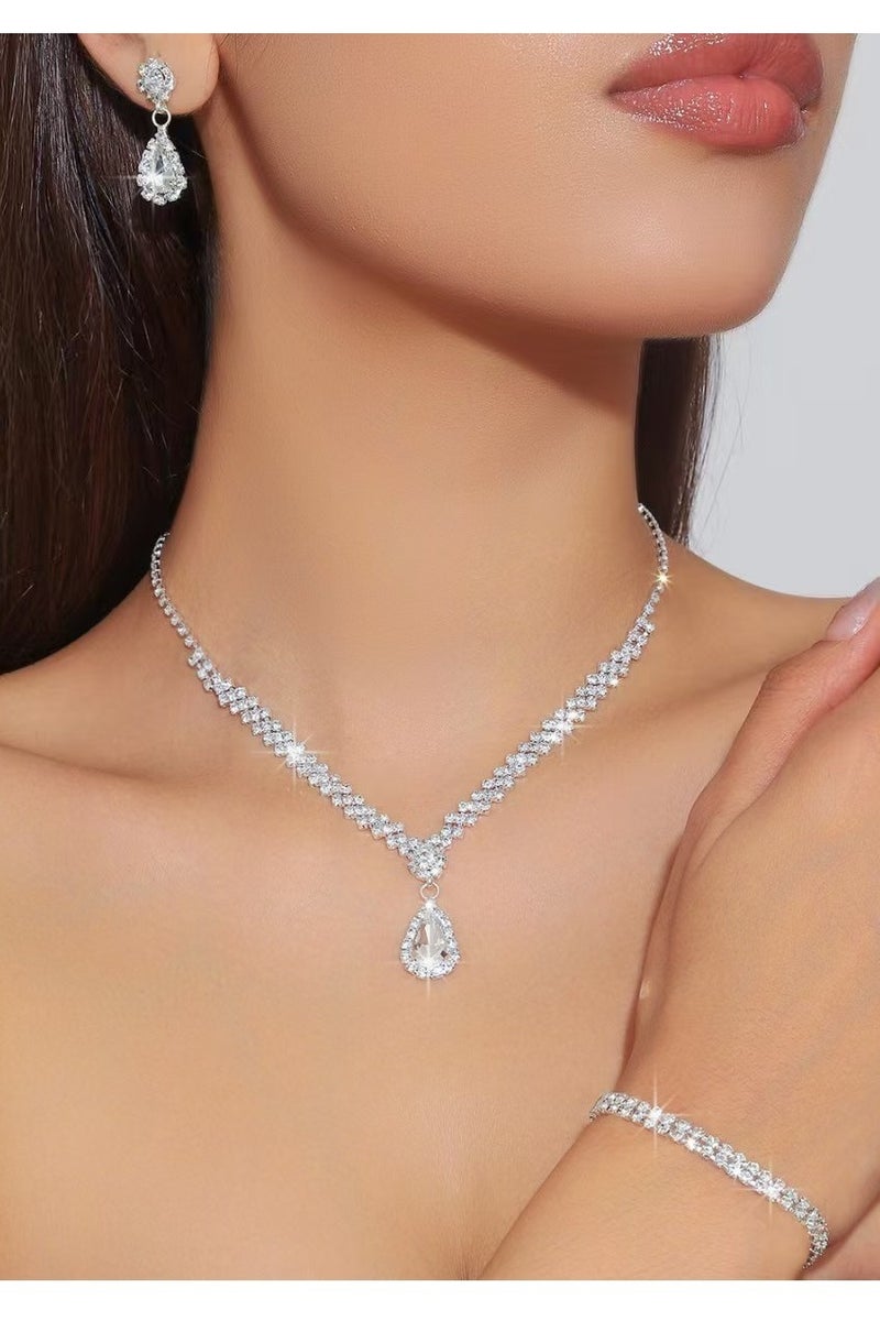 3 Pcs Rhinestone Necklace Earrings Jewelry Set, Water Drop Ear Dangle, Bridal Jewelry, Evening Dress Accessories For Women, Dinner Party Accessories,Women's Collarbone Chain,Bridal Accessories - Image 1