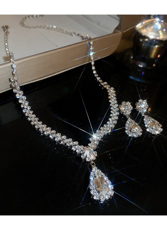 3 Pcs Rhinestone Necklace Earrings Jewelry Set, Water Drop Ear Dangle, Bridal Jewelry, Evening Dress Accessories For Women, Dinner Party Accessories,Women's Collarbone Chain,Bridal Accessories  - Image 5