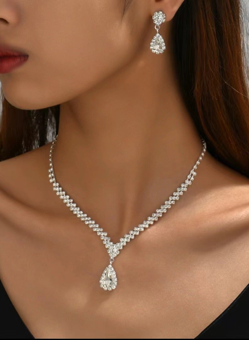 3 Pcs Rhinestone Necklace Earrings Jewelry Set, Water Drop Ear Dangle, Bridal Jewelry, Evening Dress Accessories For Women, Dinner Party Accessories,Women's Collarbone Chain,Bridal Accessories  - Image 2