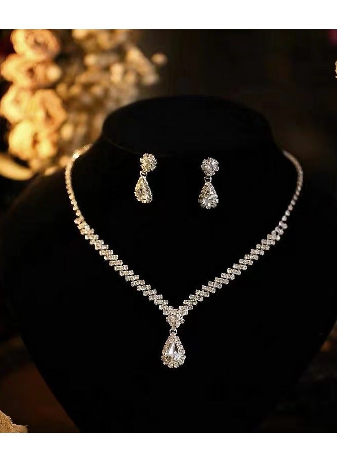 3 Pcs Rhinestone Necklace Earrings Jewelry Set, Water Drop Ear Dangle, Bridal Jewelry, Evening Dress Accessories For Women, Dinner Party Accessories,Women's Collarbone Chain,Bridal Accessories  - Image 3