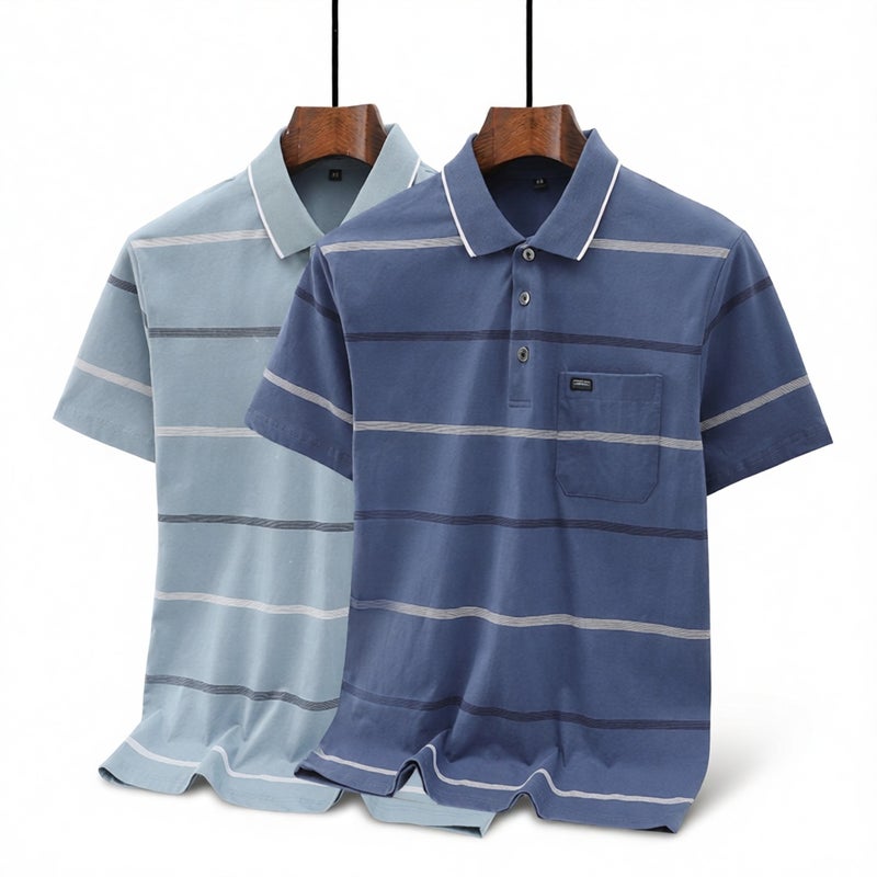 Men's Cotton Striped Short Sleeve Casual T-Shirt with Collar - Image 1