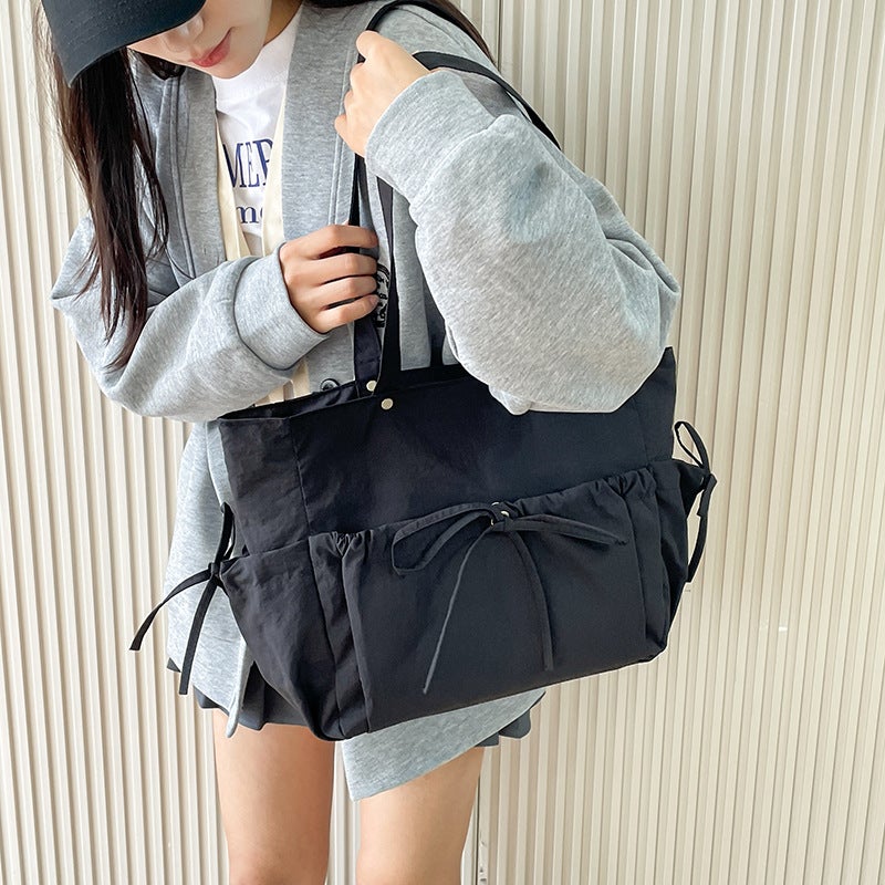 Japanese Artistic Shoulder Bag Female College Students Cute Bow Drawstring Handbag Casual Large Capacity Tote Bag Trendy - Image 2