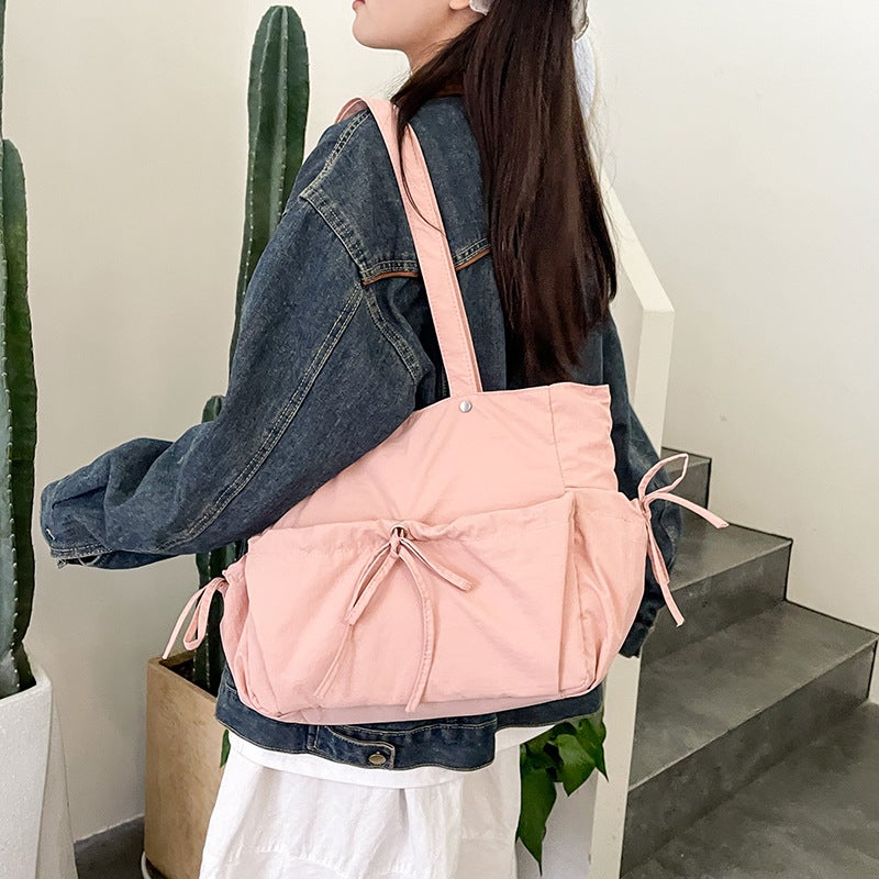 Japanese Artistic Shoulder Bag Female College Students Cute Bow Drawstring Handbag Casual Large Capacity Tote Bag Trendy - Image 4