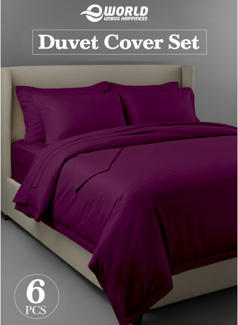إي وورلد طقم لحاف مخطط فاخر لجميع المواسم – 6 قطع باللون البنفسجي | مقاس كينغ 220×240 سم | فائق النعومة، مقاوم للتجاعيد ومصنوع في دبي | يشمل غطاء لحاف، ملاءة مطاطية (200×200 سم) و4 أغطية وسائد (50×70 سم) - Image 1