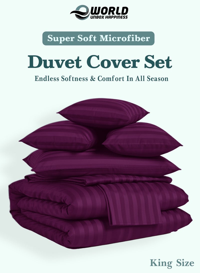 إي وورلد طقم لحاف مخطط فاخر لجميع المواسم – 6 قطع باللون البنفسجي | مقاس كينغ 220×240 سم | فائق النعومة، مقاوم للتجاعيد ومصنوع في دبي | يشمل غطاء لحاف، ملاءة مطاطية (200×200 سم) و4 أغطية وسائد (50×70 سم) - Image 3