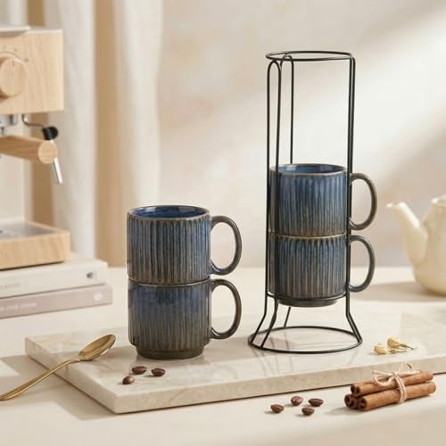 The Earth Store Glam Blue Fringe Premium Ceramic Tea Cup Set of 4,160 ML Each, Microwave and Dishwasher Safe Stackable Tea Cup with Stand | Coffee Cups for Gifting, Home & Office Use, Every Occasion - Image 1