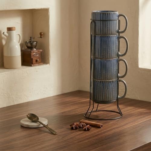 The Earth Store Glam Blue Fringe Premium Ceramic Tea Cup Set of 4,160 ML Each, Microwave and Dishwasher Safe Stackable Tea Cup with Stand | Coffee Cups for Gifting, Home & Office Use, Every Occasion - Image 2