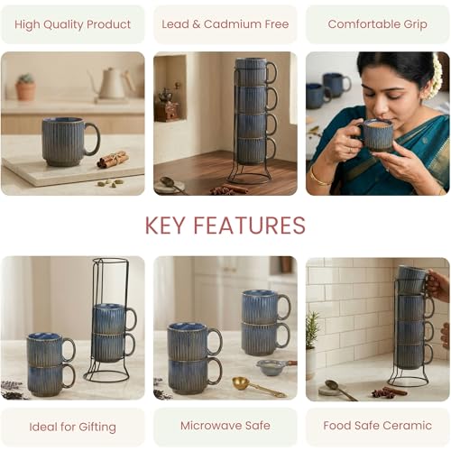 The Earth Store Glam Blue Fringe Premium Ceramic Tea Cup Set of 4,160 ML Each, Microwave and Dishwasher Safe Stackable Tea Cup with Stand | Coffee Cups for Gifting, Home & Office Use, Every Occasion - Image 4