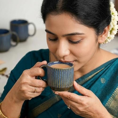The Earth Store Glam Blue Fringe Premium Ceramic Tea Cup Set of 4,160 ML Each, Microwave and Dishwasher Safe Stackable Tea Cup with Stand | Coffee Cups for Gifting, Home & Office Use, Every Occasion - Image 3