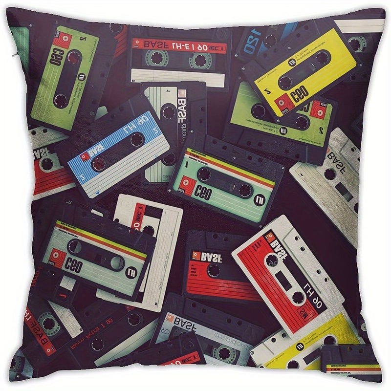 Retro Cassette Tape Pillow Cover Vintage Music Theme Double Sided 18x18 Inch Plush Cushion Case - Image 1