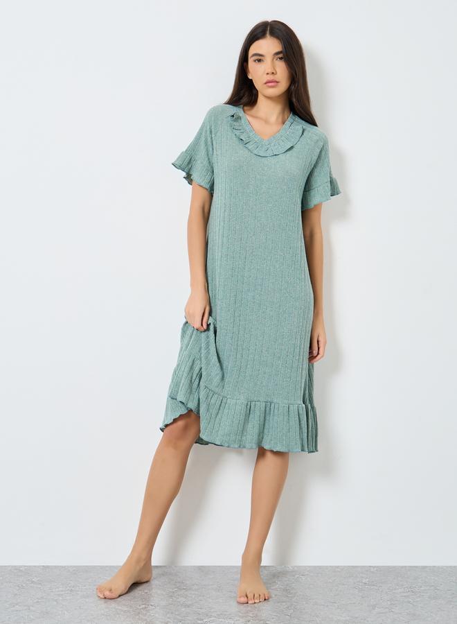 Take Two Ruffled V Neck Solid Nightdress - Image 1