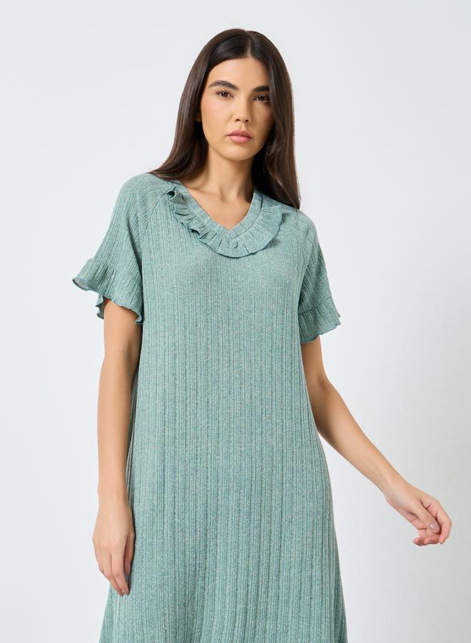 Take Two Ruffled V Neck Solid Nightdress - Image 2