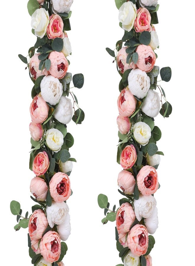 Floweroyal 2 Pack Artificial Flower Garlands 11.2FT Eucalyptus Garlands with Flowers 8 Head Peony Flower Vine Faux Floral Garland for Wedding Arch Table Wall Backdrop Wreath Decoration. (Pink & White) - Image 1