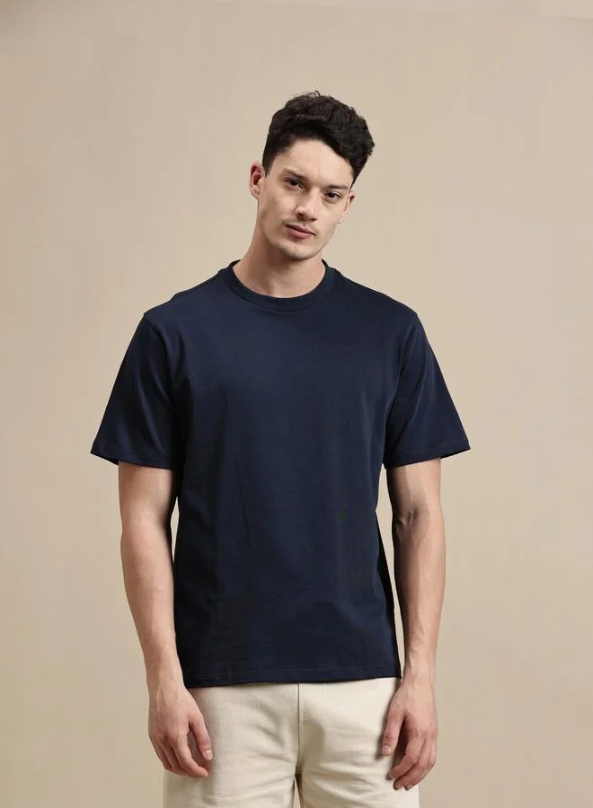 ECOLORE Men Navy Blue Crew Neck 100% Cotton Comfort Fit T-Shirt