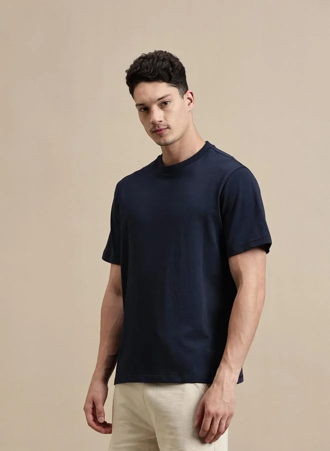 ECOLORE Men Navy Blue Crew Neck 100% Cotton Comfort Fit T-Shirt