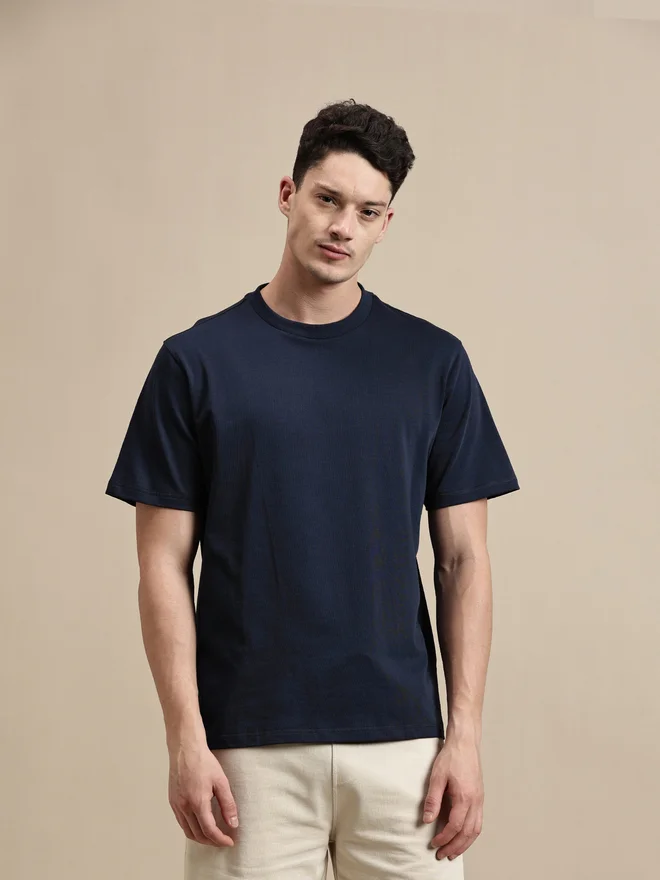 ECOLORE Men Navy Blue Crew Neck 100% Cotton Comfort Fit T-Shirt