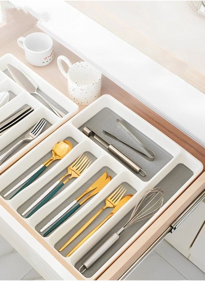 Classic 6-grid Large Silverware Tray Organizer Non Slip Utensil Tray, Multi-Functional Kitchen Cutlery Drawer Organizers Tray stainless Steel Knife,Storage Finisher Tray
