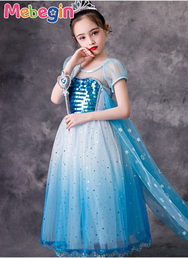 MEBEGIN - Princess Elsa Dress with Snowflake Patterned Cape, Frozen-Themed Princess Costume with Puff Sleeves, Elegant Deluxe Shining Princess Dress Up Costume for Girls, Great for Fancy Dress Parties, Birthdays, Prom Outfits and Cosplay Activities - Image 1