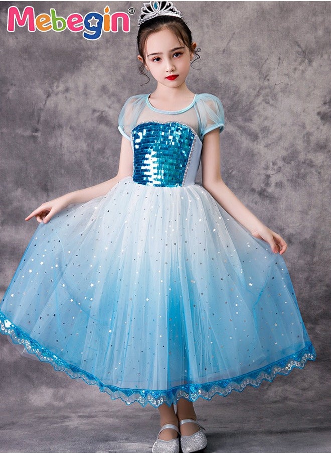 MEBEGIN - Princess Elsa Dress with Snowflake Patterned Cape, Frozen-Themed Princess Costume with Puff Sleeves, Elegant Deluxe Shining Princess Dress Up Costume for Girls, Great for Fancy Dress Parties, Birthdays, Prom Outfits and Cosplay Activities - Image 1