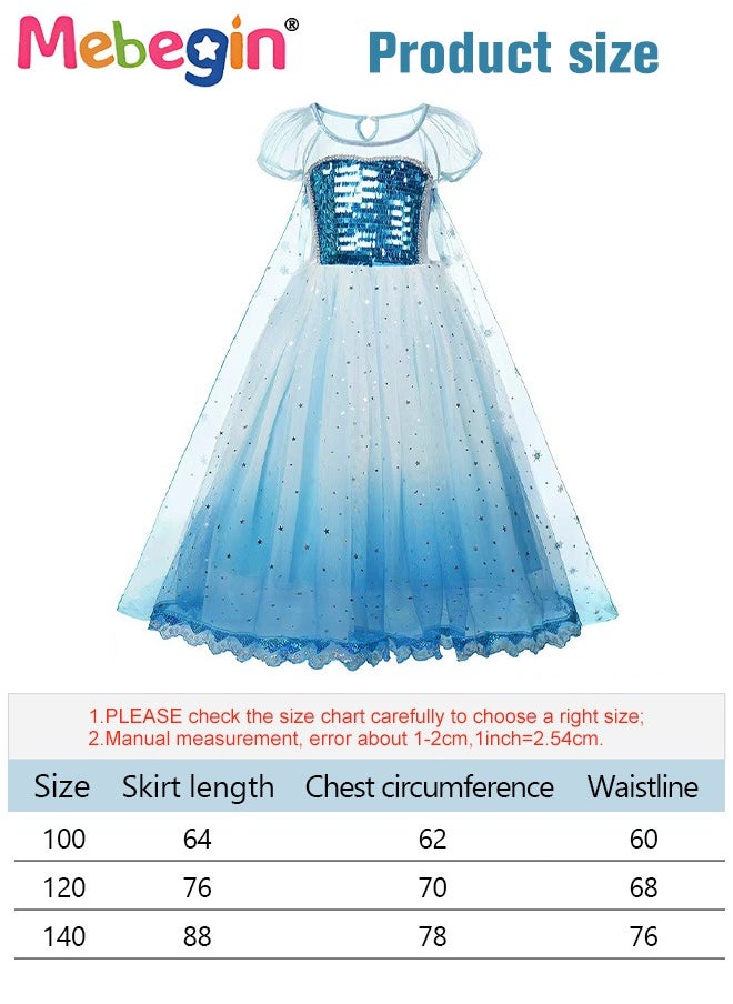 MEBEGIN - Princess Elsa Dress with Snowflake Patterned Cape, Frozen-Themed Princess Costume with Puff Sleeves, Elegant Deluxe Shining Princess Dress Up Costume for Girls, Great for Fancy Dress Parties, Birthdays, Prom Outfits and Cosplay Activities - Image 1