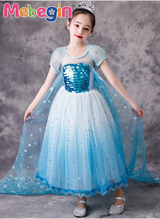 MEBEGIN - Princess Elsa Dress with Snowflake Patterned Cape, Frozen-Themed Princess Costume with Puff Sleeves, Elegant Deluxe Shining Princess Dress Up Costume for Girls, Great for Fancy Dress Parties, Birthdays, Prom Outfits and Cosplay Activities - Image 1