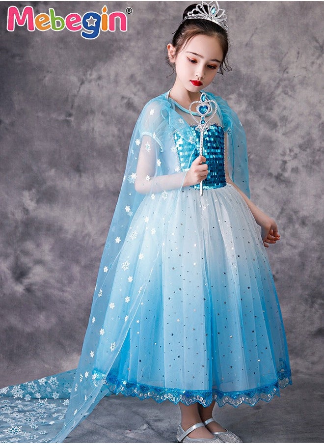 MEBEGIN - Princess Elsa Dress with Snowflake Patterned Cape, Frozen-Themed Princess Costume with Puff Sleeves, Elegant Deluxe Shining Princess Dress Up Costume for Girls, Great for Fancy Dress Parties, Birthdays, Prom Outfits and Cosplay Activities - Image 1