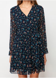 trendyol Navy Blue Floral Print Belted Double Breasted Lined Mini Chiffon Woven Dress TWOAW20EL1628  - Image 4