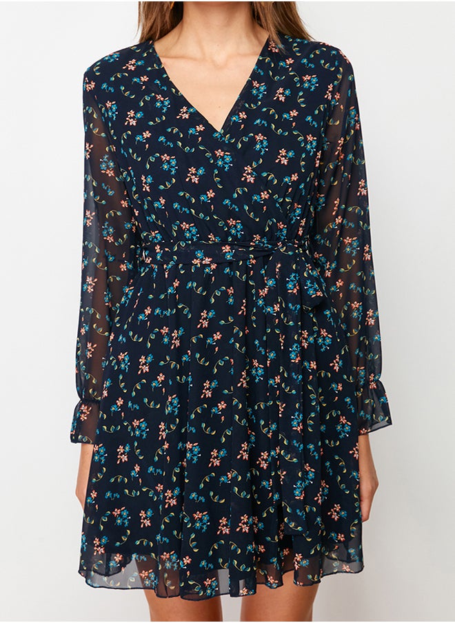trendyol - Navy Blue Floral Print Belted Double Breasted Lined Mini Chiffon Woven Dress TWOAW20EL1628 - Image 1