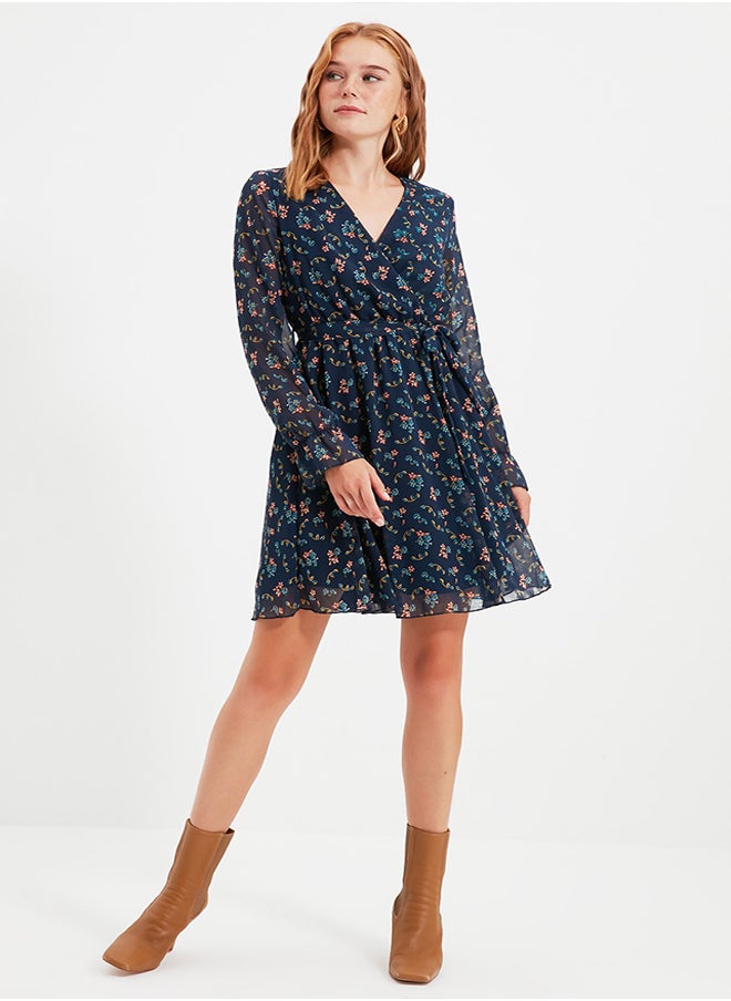 trendyol - Navy Blue Floral Print Belted Double Breasted Lined Mini Chiffon Woven Dress TWOAW20EL1628 - Image 1