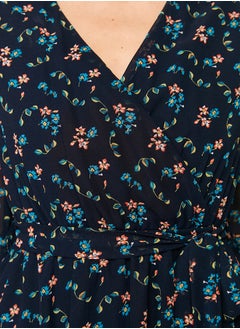 trendyol Navy Blue Floral Print Belted Double Breasted Lined Mini Chiffon Woven Dress TWOAW20EL1628  - Image 5