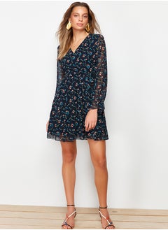 trendyol Navy Blue Floral Print Belted Double Breasted Lined Mini Chiffon Woven Dress TWOAW20EL1628  - Image 1