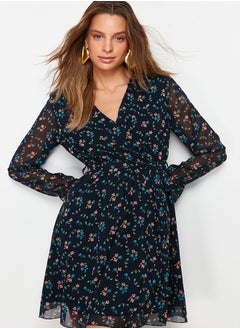 trendyol Navy Blue Floral Print Belted Double Breasted Lined Mini Chiffon Woven Dress TWOAW20EL1628  - Image 3
