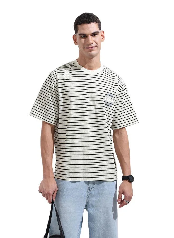 The Indian Garage Co Men Relaxed Fit Striped Crew Neck Half Sleeves Crew Neck T-Shirt