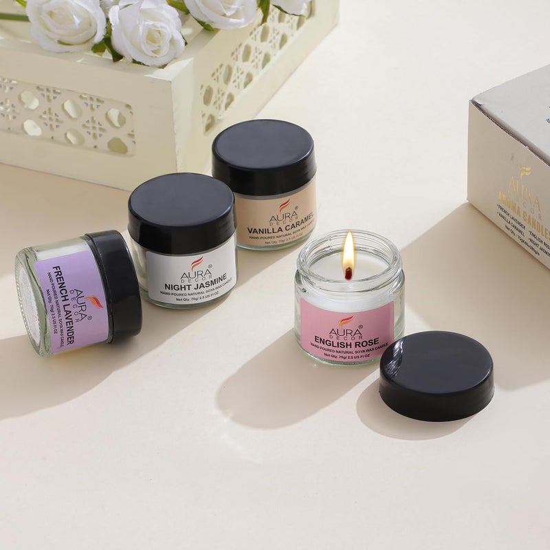 AURA DECOR مجموعة هدايا الشموع المعطرة الفاخرة من أوراديكور: لافندر فرنسي، ورد إنجليزي، ياسمين ليلي، كراميل فانيليا، مجموعة الاسترخاء والعلاج العطري - Image 2