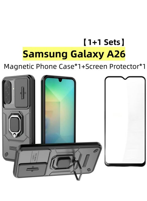 [1+1 Sets] For Samsung Galaxy A26 Case & Screen Protector Built Slide Camera Protection Cover Heavy Duty Protective Phone Case with Tempered Glass Screen Protector