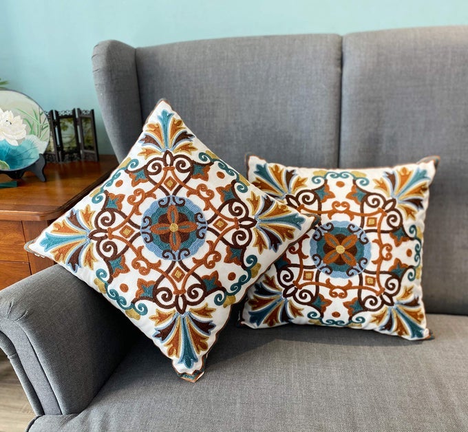 BOHO THROW PILLOW COVERS 18X18 SPRING DECOR PILLOWCASES MODERN EMBROIDERED CUSHION FOR OUTDOOR COUCH SOFA BED ROOM FARMHOUSE PICNIC 2 PCS