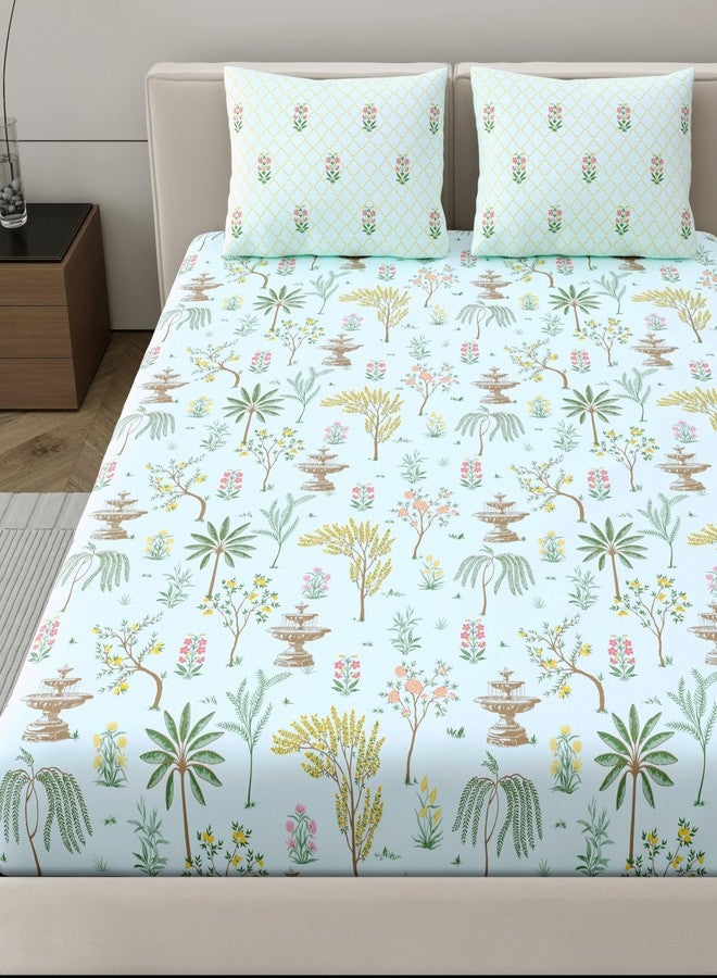 Dreamscape 100% Cotton King Fitted Floral Bedsheet With 2 Pillow Covers - (Size 72 x 78 inches, 200 TC, Colour - Sea Green: Mint Green) - Image 3