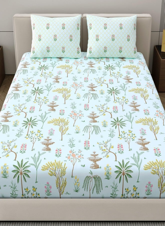 Dreamscape 100% Cotton King Fitted Floral Bedsheet With 2 Pillow Covers - (Size 72 x 78 inches, 200 TC, Colour - Sea Green: Mint Green) - Image 2