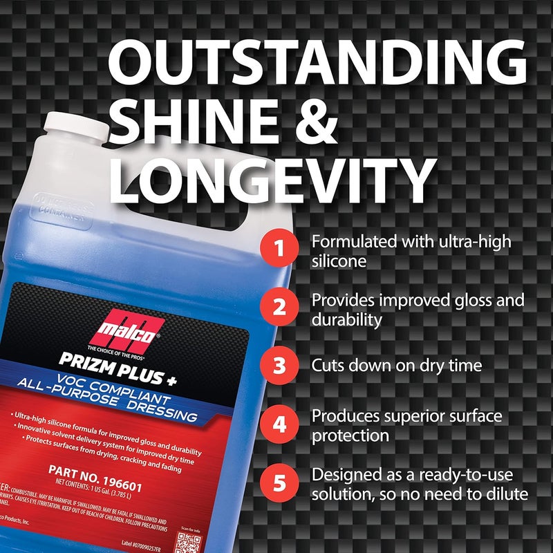 MALCO Prizm Plus All-Purpose Dressing – Ultra High Silicone Formula Gives Superior Shine and Durability to Interior Rubber and Vinyl Surfaces/Protects Against Fading and Cracking/1 Gallon (196601) - Image 4
