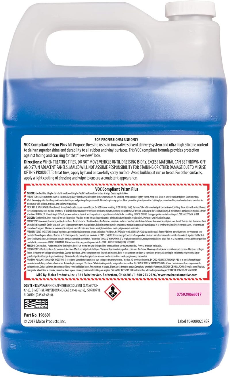 MALCO Prizm Plus All-Purpose Dressing – Ultra High Silicone Formula Gives Superior Shine and Durability to Interior Rubber and Vinyl Surfaces/Protects Against Fading and Cracking/1 Gallon (196601) - Image 2