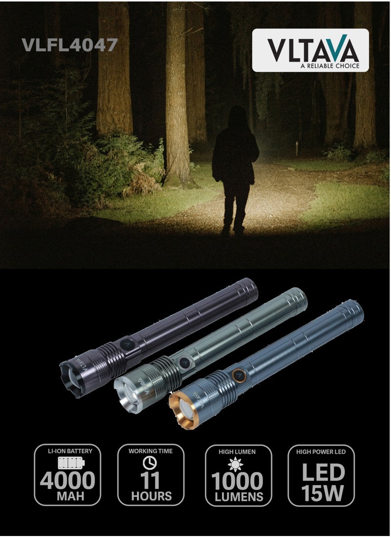 VLTAVA Vltava 3 in 1 Zoomable LED Flashlight – 1000 Lumens, Rechargeable 4000mAh Li-ion Battery, Aircraft Aluminum Body, 4 Light Modes, 15W Laser Power VLFL4047  - Image 2