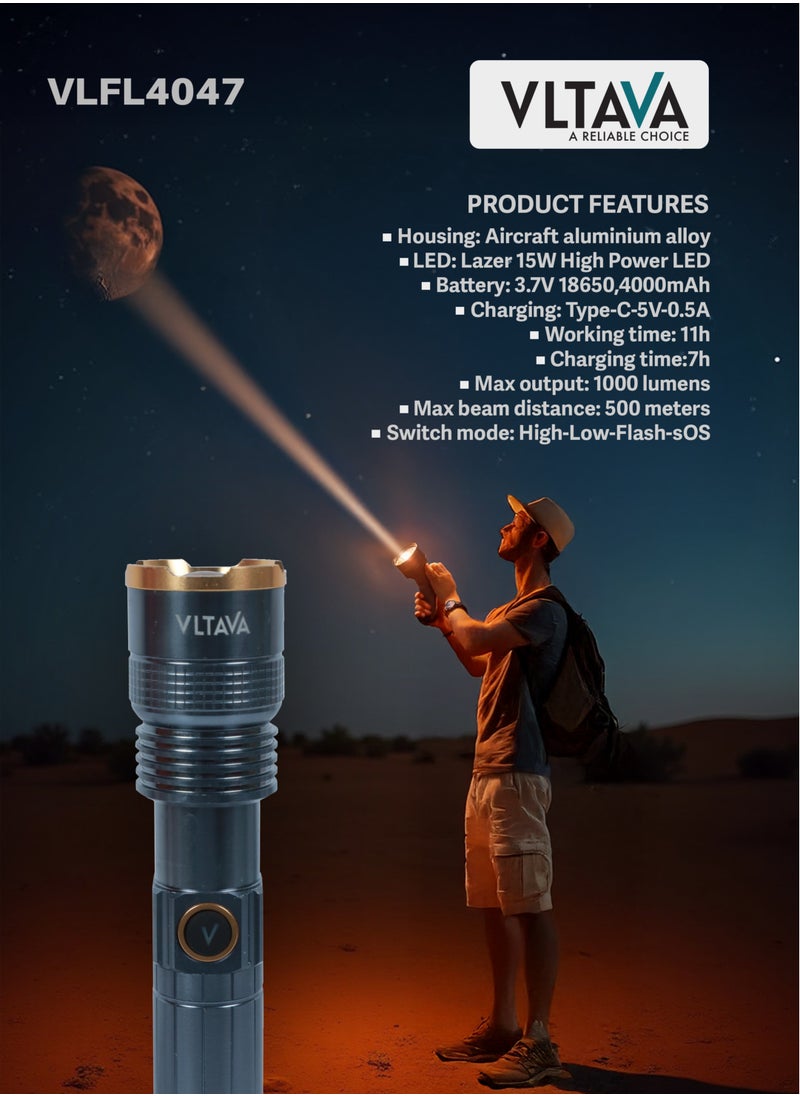 VLTAVA Vltava 3 in 1 Zoomable LED Flashlight – 1000 Lumens, Rechargeable 4000mAh Li-ion Battery, Aircraft Aluminum Body, 4 Light Modes, 15W Laser Power VLFL4047  - Image 4