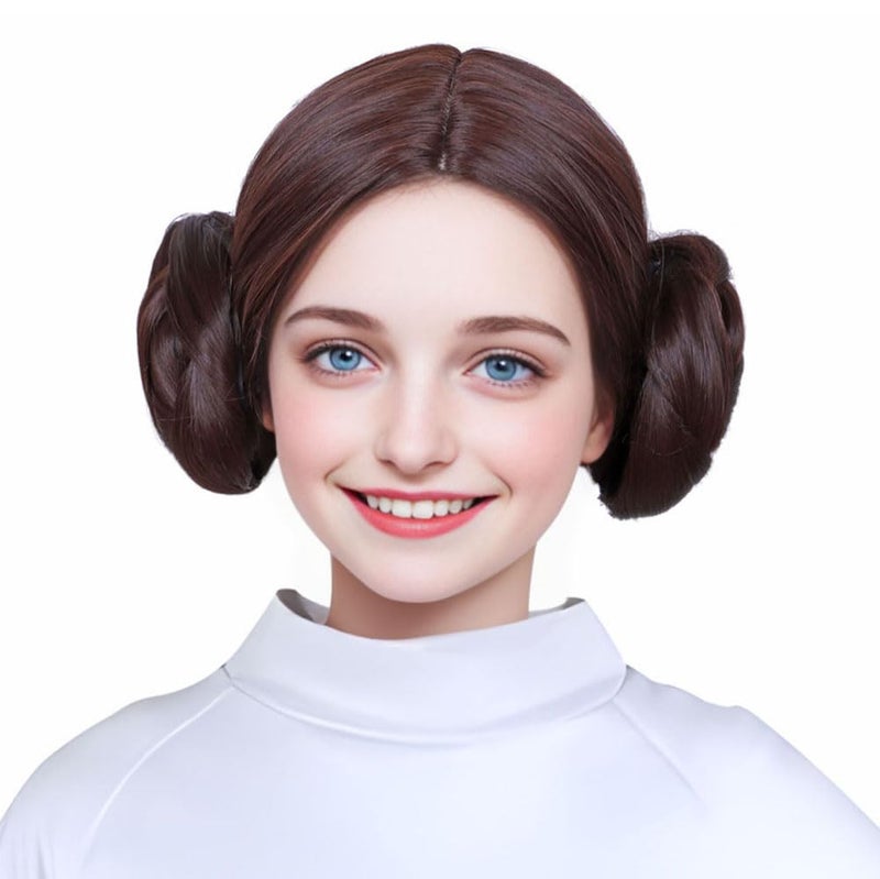 FantaLook Short Brown Cosplay Wig with 2 Buns for Women Halloween Costume