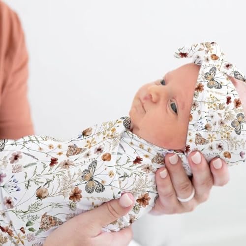 MdouLy Newborn Swaddle Set with Matching Headband Hat and Bow Set Floral Baby Girl Newborn Receiving Blankets Baby Swaddle Nursery Wildflower Baby Blanket - Image 4