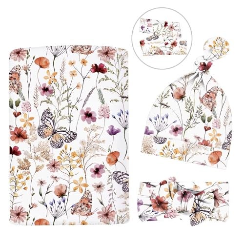MdouLy Newborn Swaddle Set with Matching Headband Hat and Bow Set Floral Baby Girl Newborn Receiving Blankets Baby Swaddle Nursery Wildflower Baby Blanket - Image 2