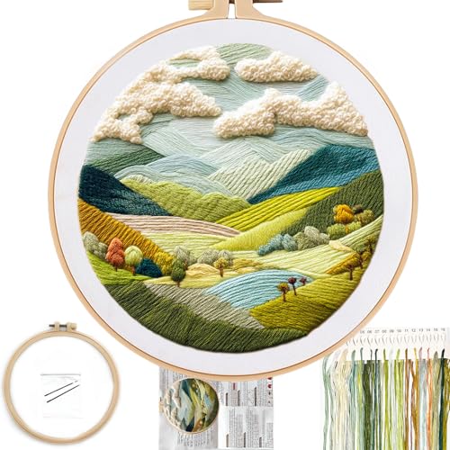 FONNUY Embroidery Kit for Beginners Nature Hills Landscape PreStamped Pattern Kits for Adults with Hoop Easy to Follow Color Thread Needlework 8 Hoop Rolling Mountains - Image 1