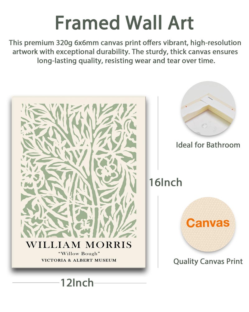 HesenDot Green Botanical Framed Wall Art Set, 12x16in Matisse William Morris Canvas Prints,Minimalist Classic Plants Home Decor for Living Room Bedroom Bathroom Office, Set of 3 - Image 2