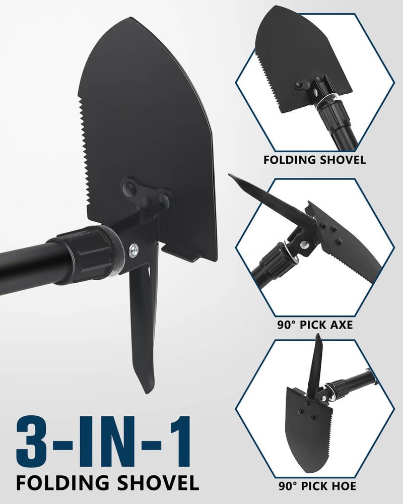 iunio Folding Shovel Camping Shovel w/Pick, Portable Shovel Carbon Steel Military Style Entrenching Tool for Backpacking,Off Road, Camping, Gardening, Hiking - Image 2